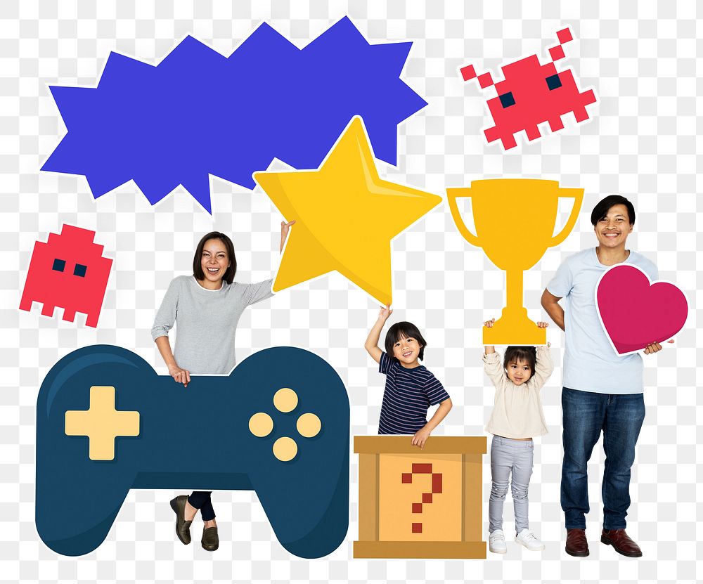 Png Happy family with video gaming icons, transparent background