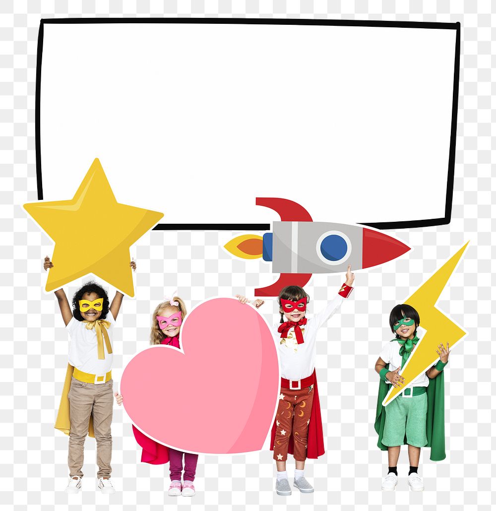Png superheroes holding creativity icons, transparent background