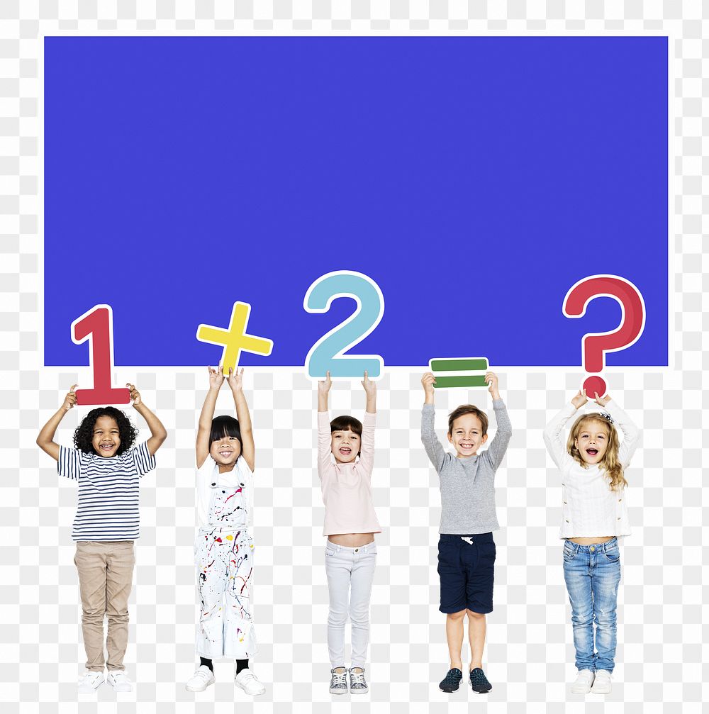 Png cheerful diverse kids learning math, transparent background