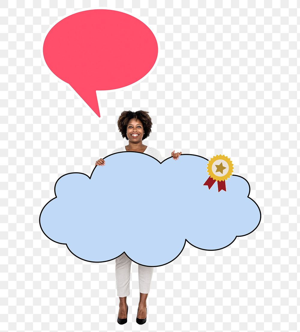 Png Woman holding cloud shaped board with a ribbon, transparent background