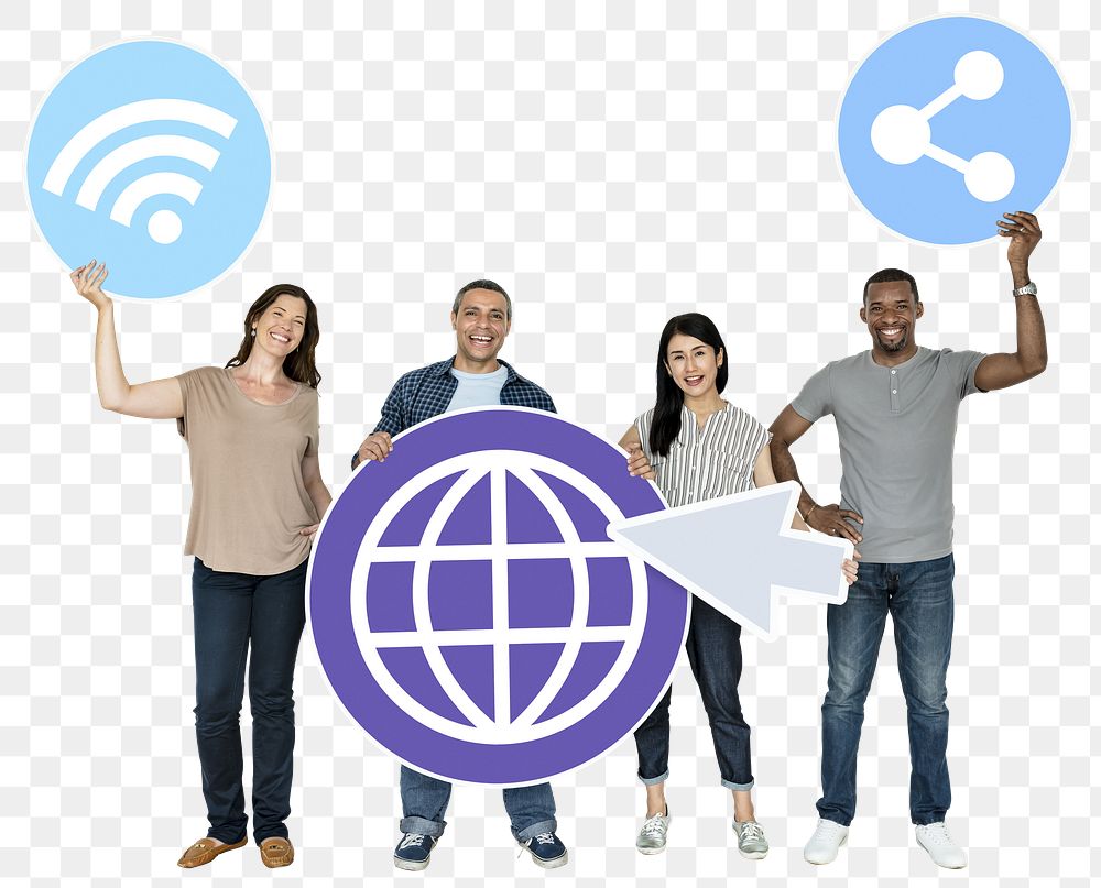 Png Happy people holding internet icons, transparent background