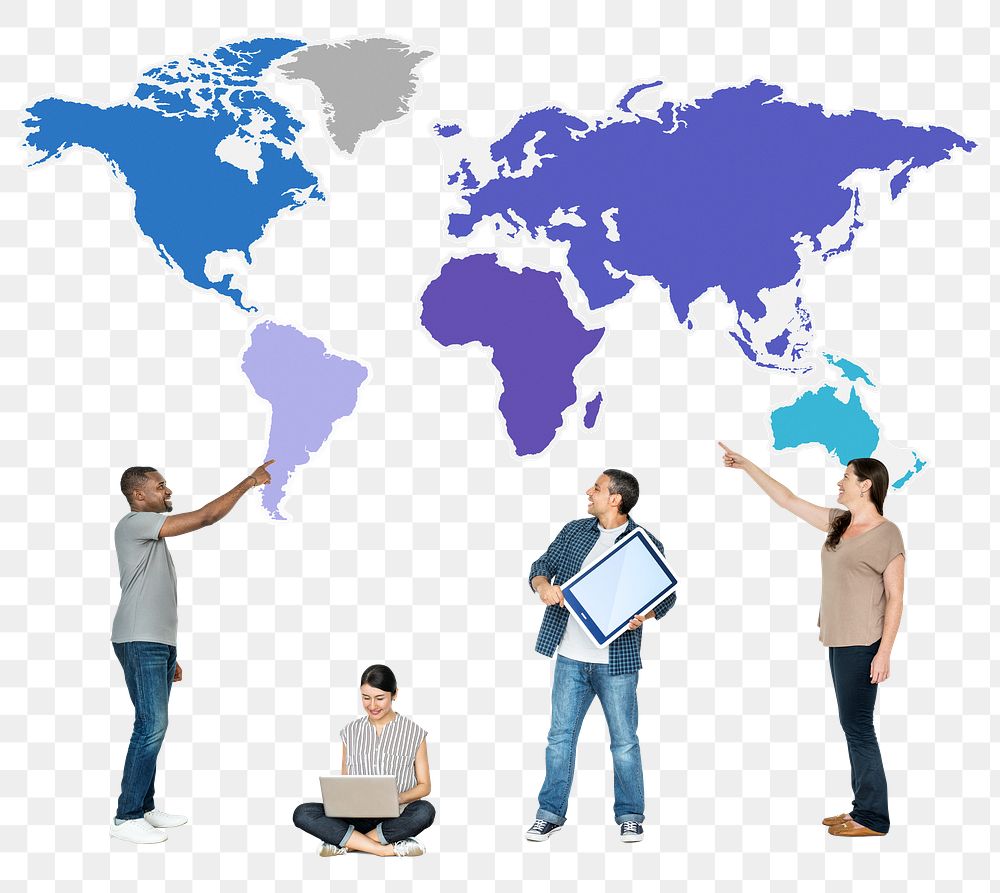 Png Diverse people pointing at the world map, transparent background