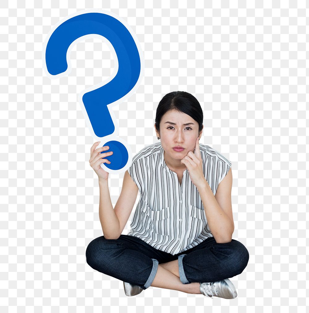 Png Woman holding question mark icon, transparent background