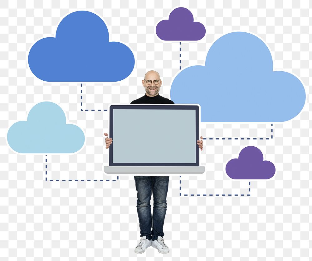 Png Cheerful man presenting cloud computing system on laptop, transparent background