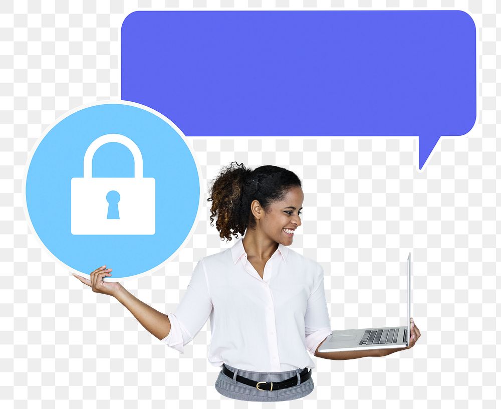 Png Cheerful woman showing GDPR security padlock icon, transparent background