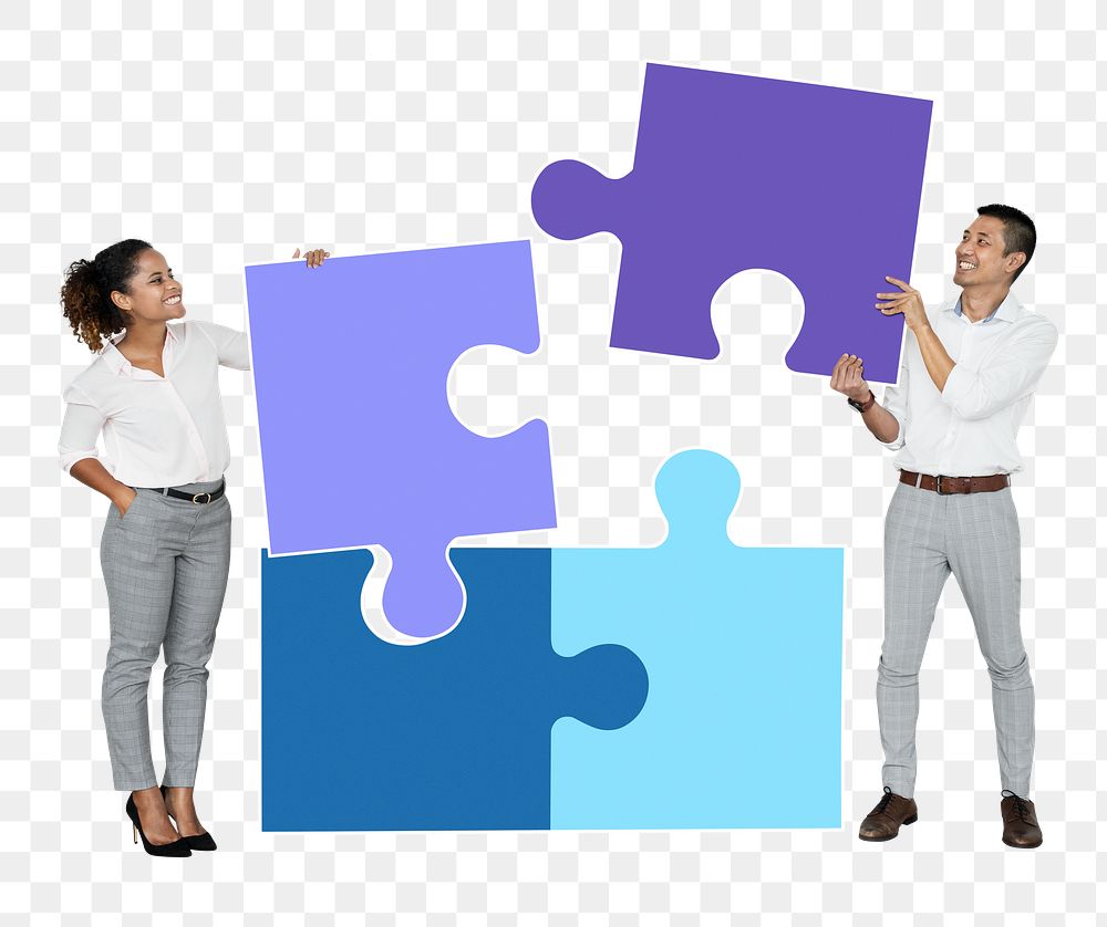 Png Businesspeople connecting jigsaw puzzle pieces, transparent background