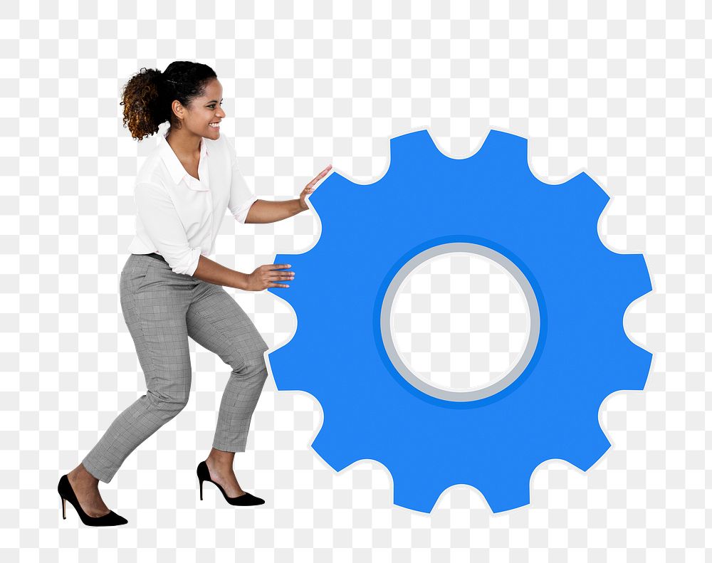 Png Cheerful woman rolling blue gear icon, transparent background