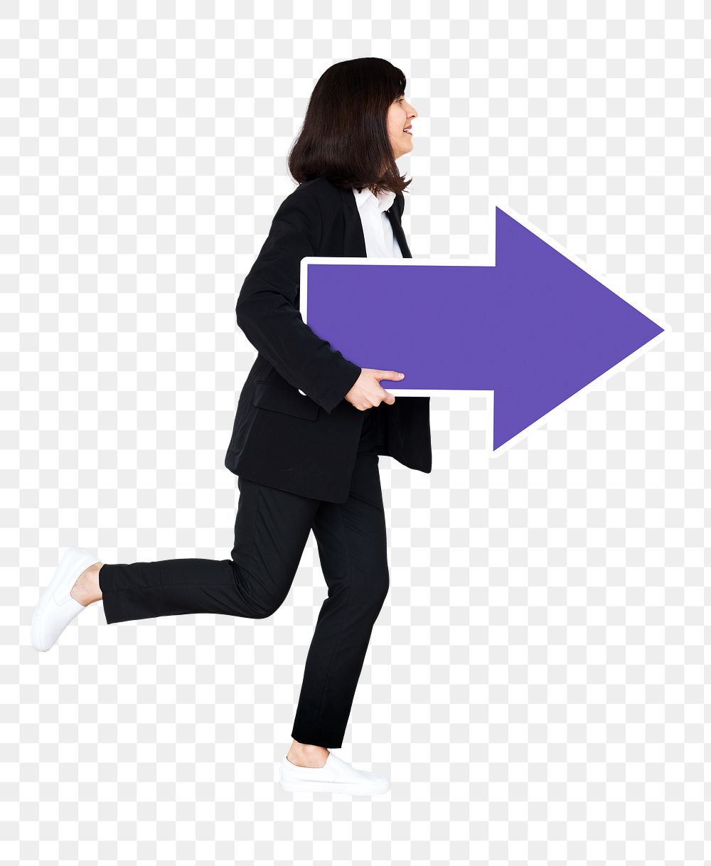 Png Cheerful businesswoman running with purple arrow, transparent background