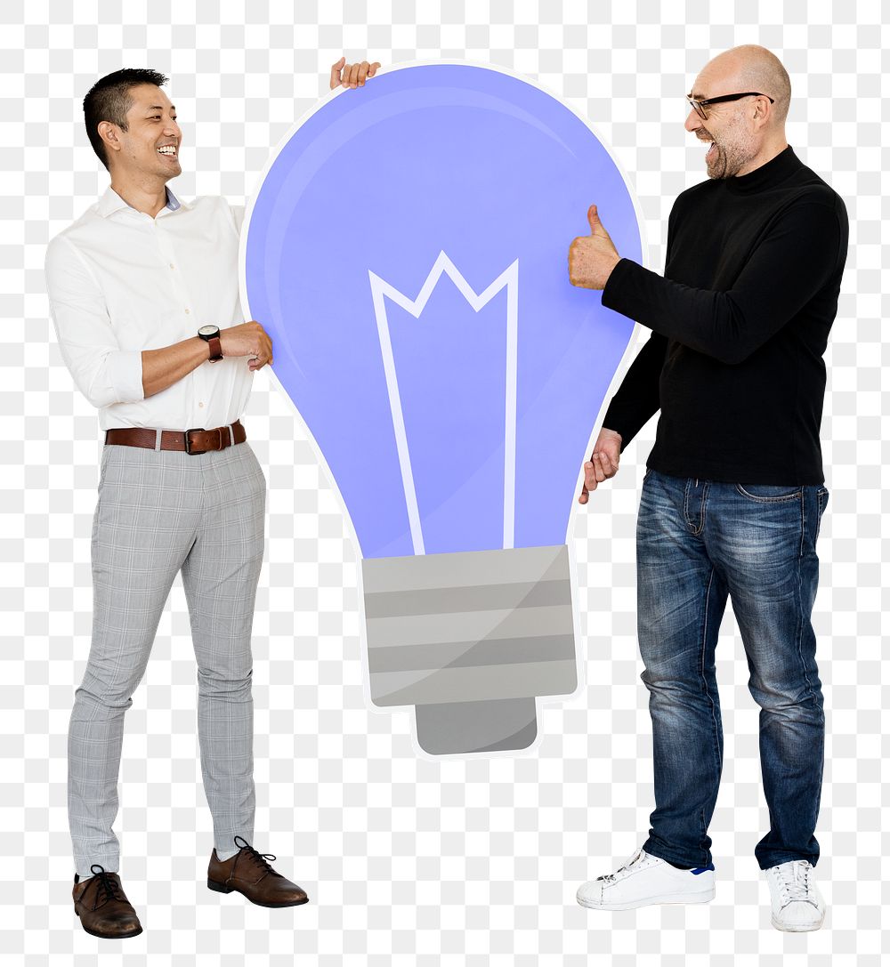Png Creative men with light bulb symbol, transparent background