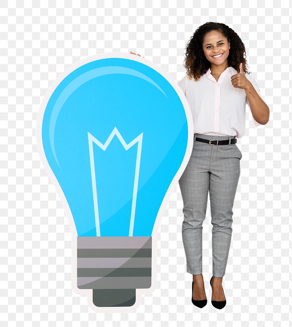Png Creative woman with blue light bulb symbol, transparent background