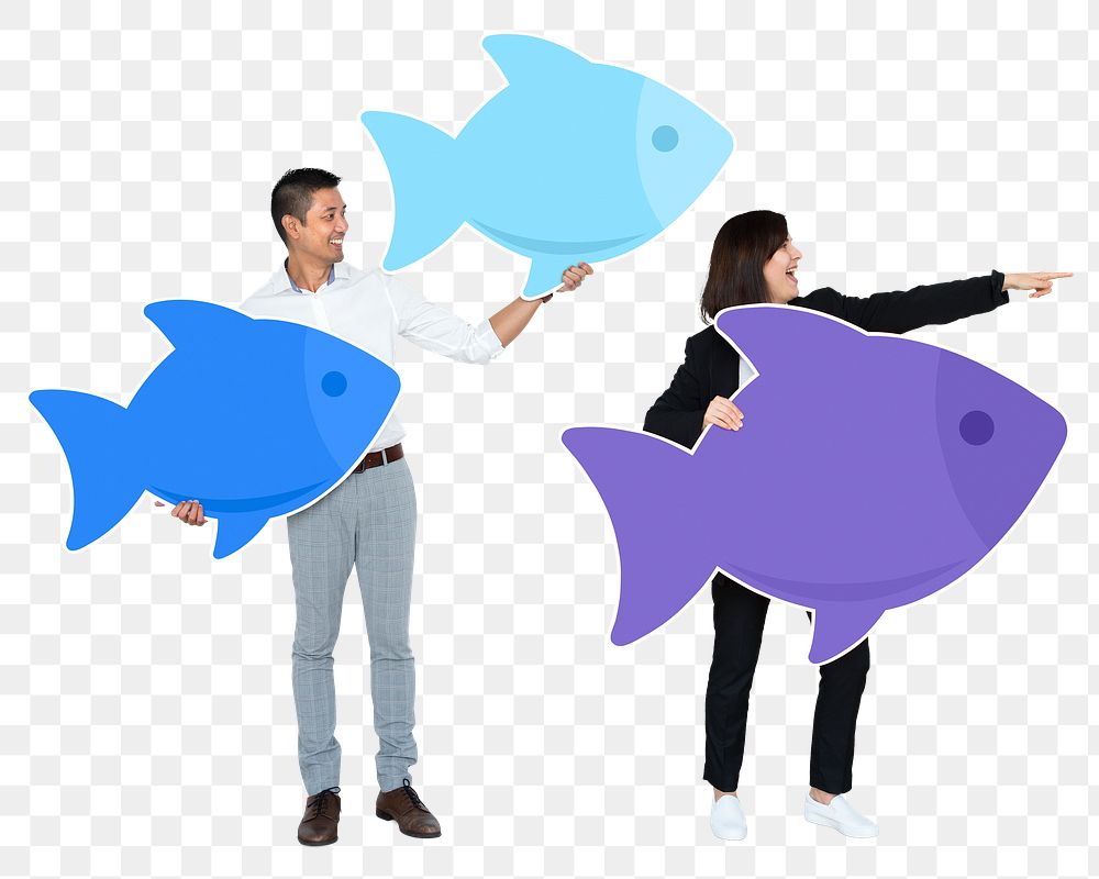 Png Manager guiding her team with fish symbols, transparent background