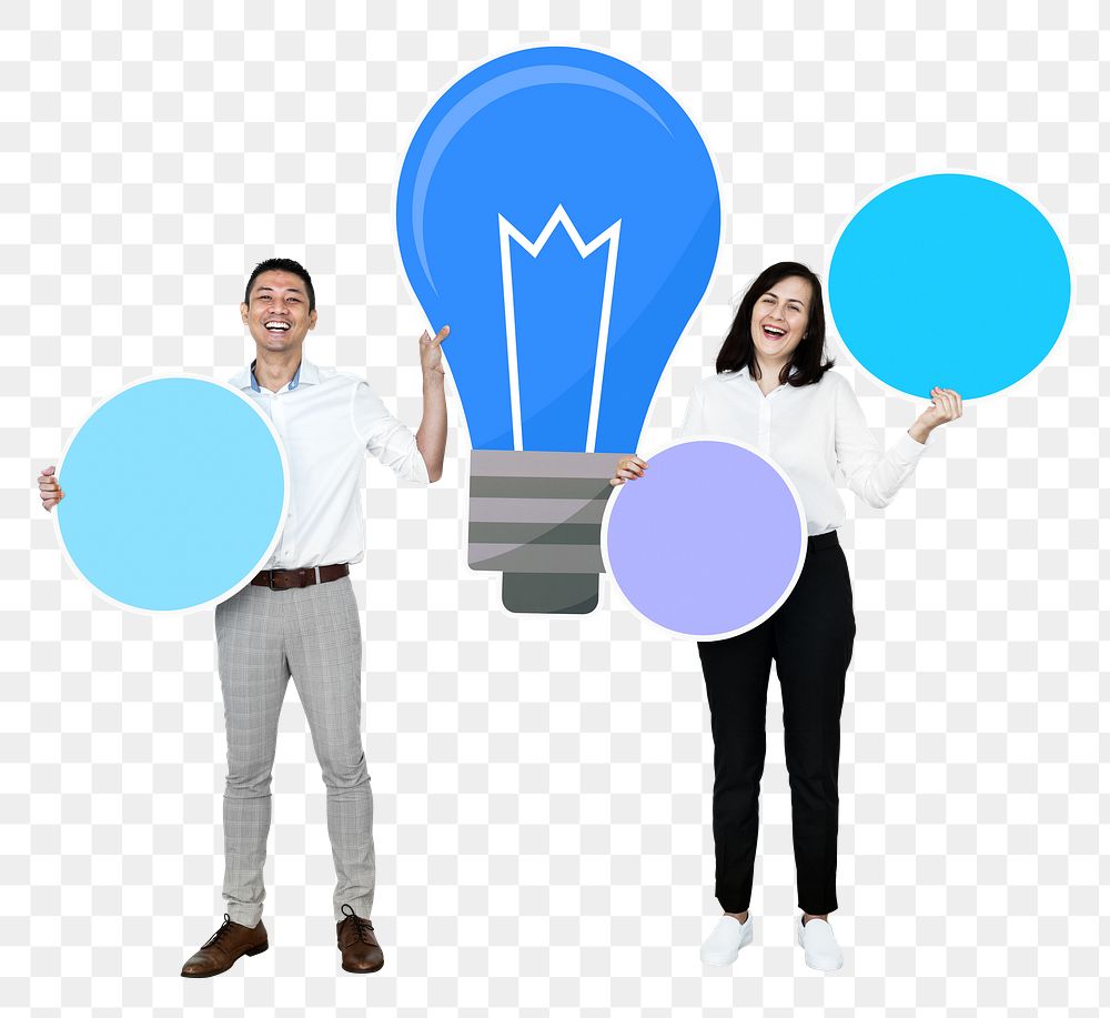Png Creative people with blue light bulb symbol, transparent background