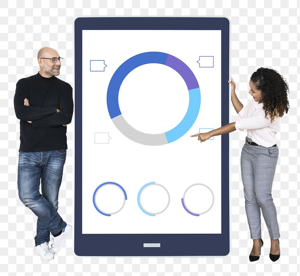 Png Businesspeople presenting summary doughnut chart, transparent background