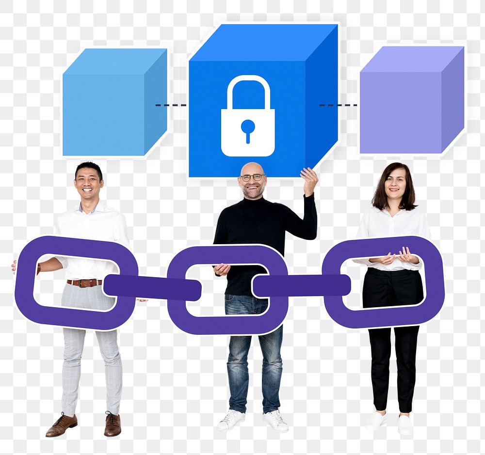Png Diverse people holding block chain concept, transparent background