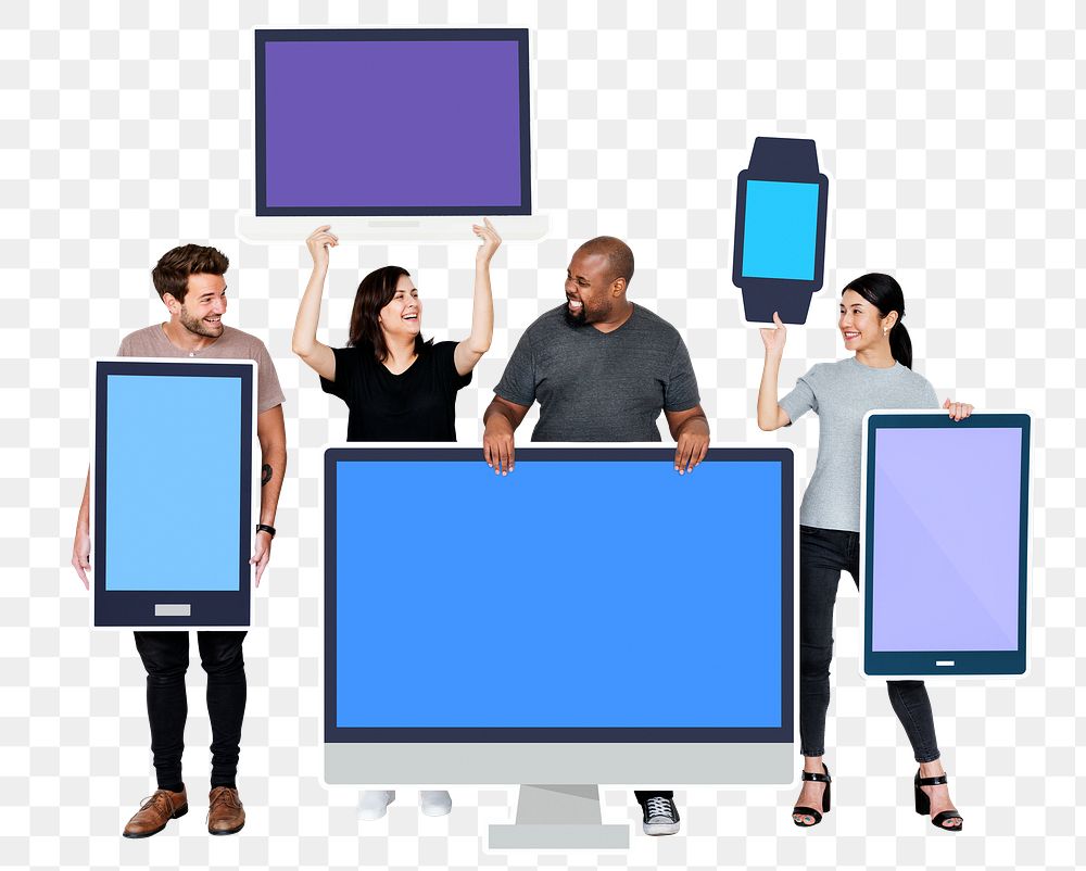 Png Diverse people with various digital device, transparent background