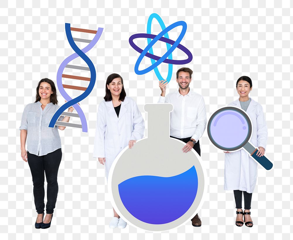 Png Diverse people holding genetic testing icons, transparent background