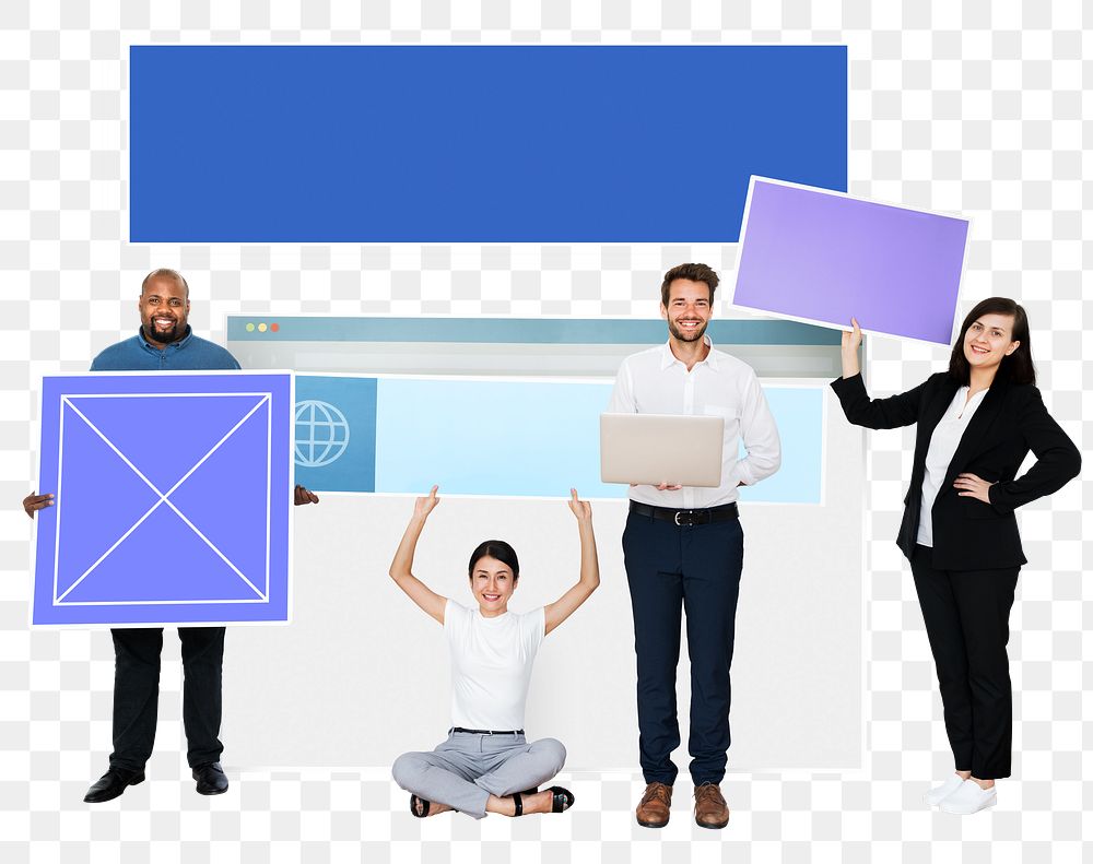 Png Happy diverse people holding web design, transparent background