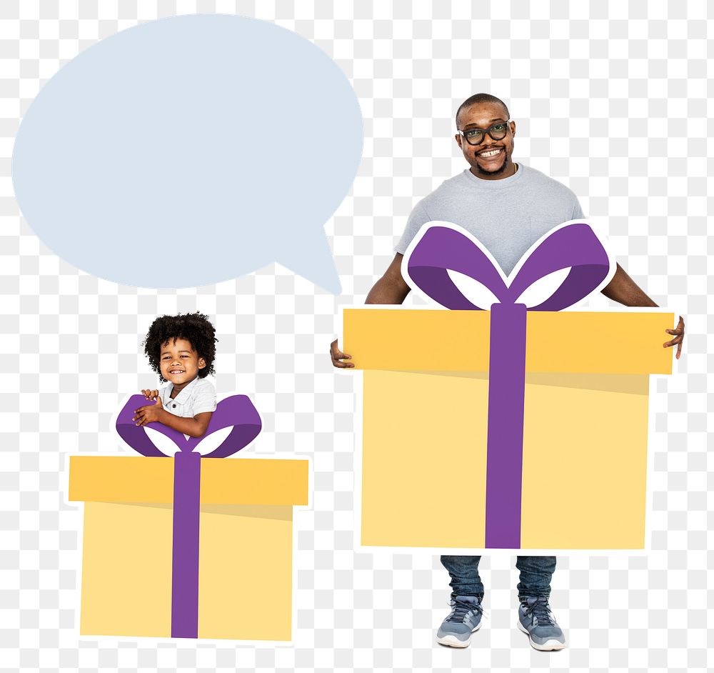 Png Father and son handing gift boxes, transparent background