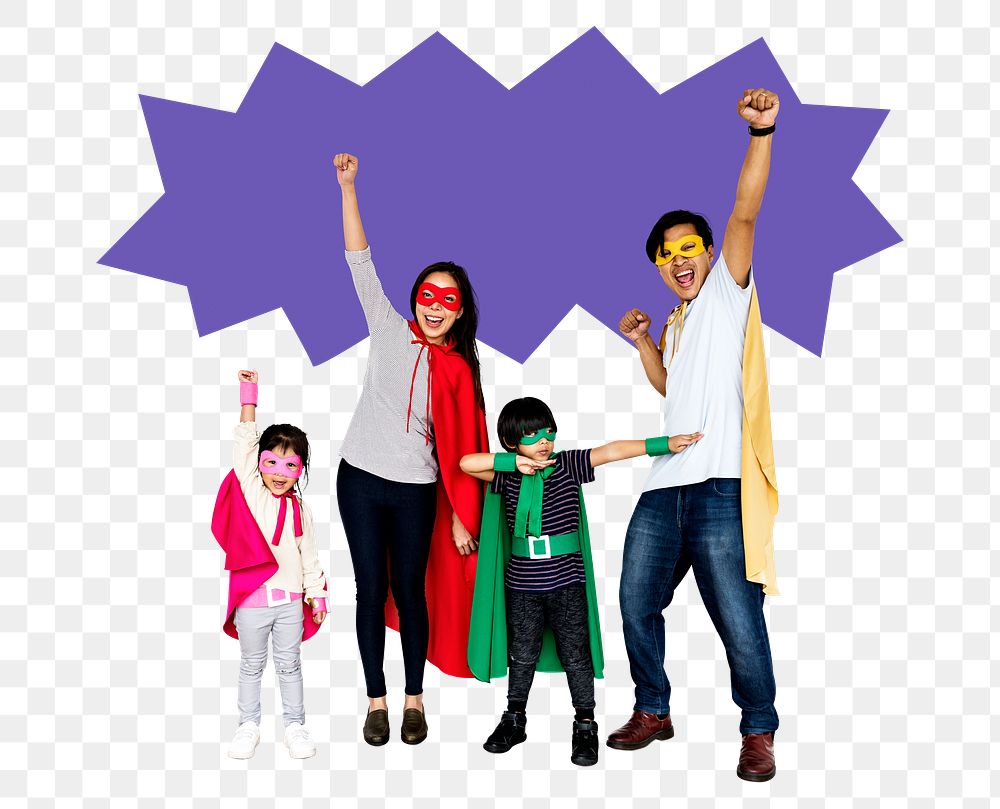 Png Happy family wearing superhero costumes, transparent background