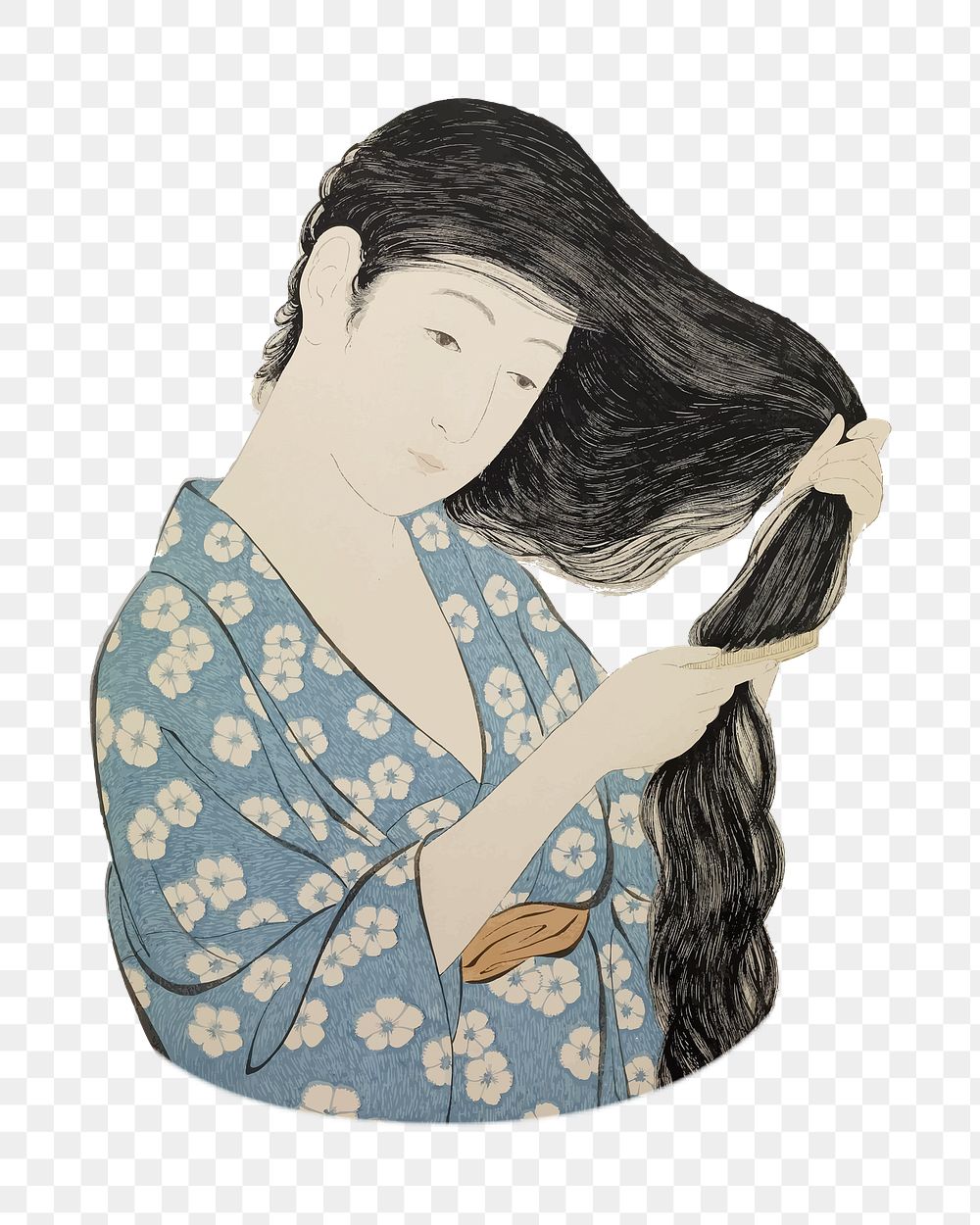 PNG Japanese woman combing hair, collage element on transparent background