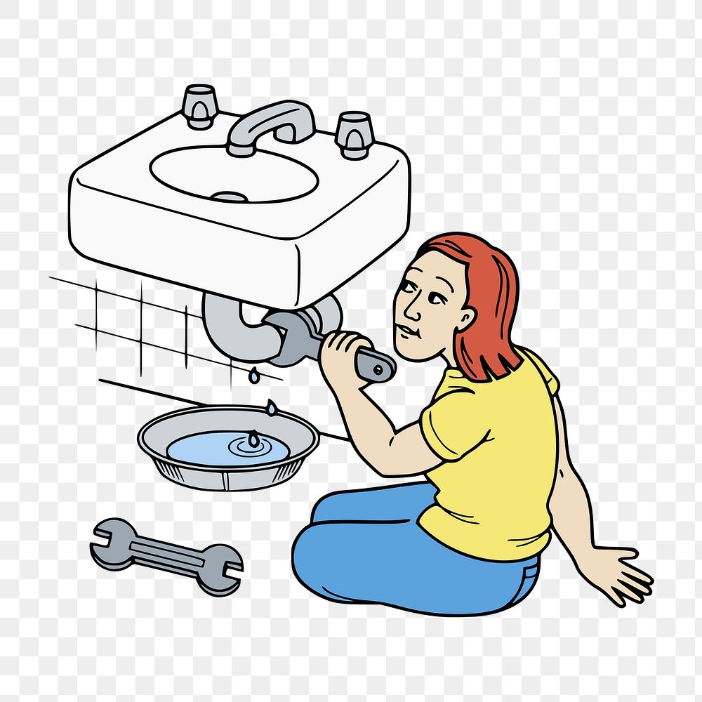 Woman fixing pipe  png clipart illustration, transparent background. Free public domain CC0 image.