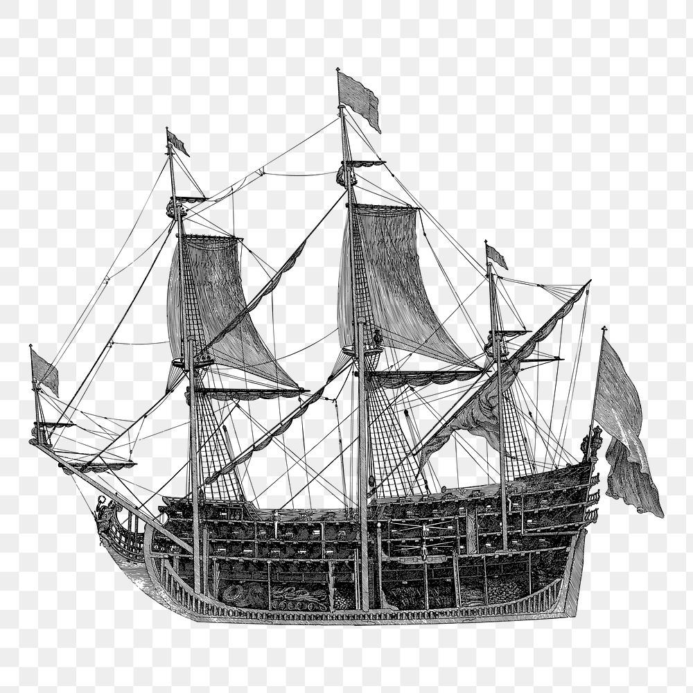 Vintage ship  png clipart illustration, transparent background. Free public domain CC0 image.