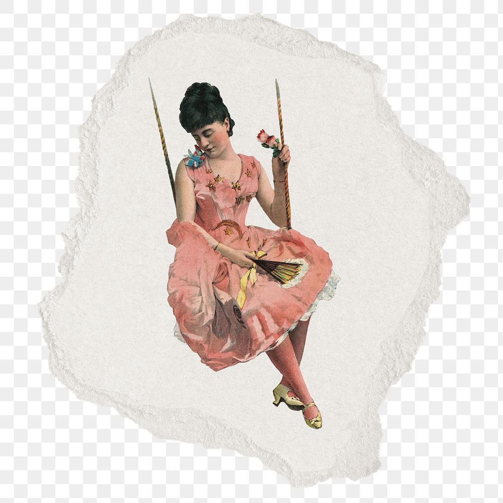 PNG Vintage woman on swing  illustration, ripped paper transparent background. Remixed by rawpixel.