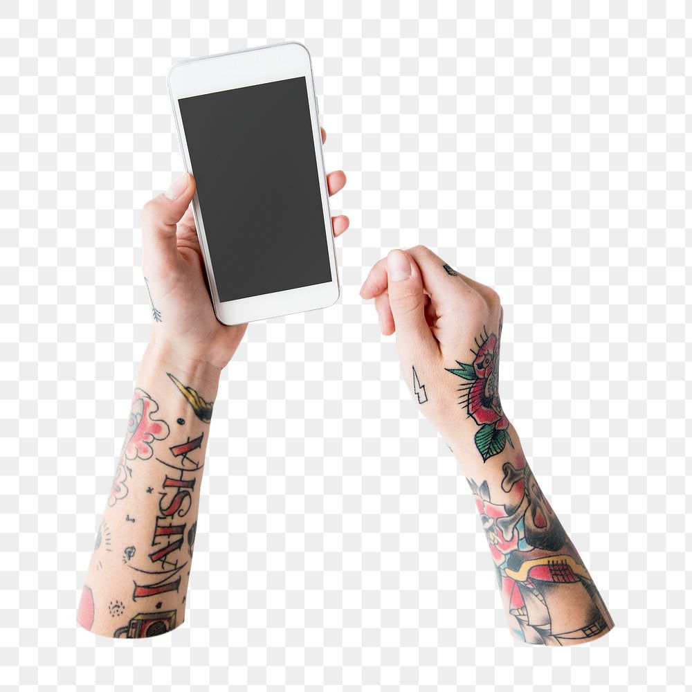 Hand holding png smartphone digital device, transparent background