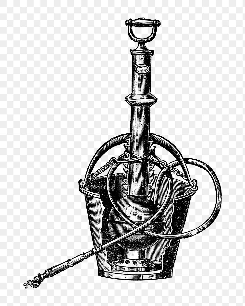 Vintage png garden pump illustration on transparent background, white and black design