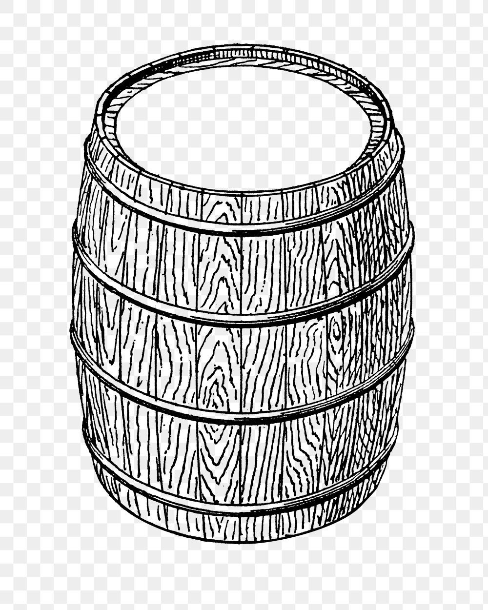 Barrel png vintage illustration on transparent background, white and black design