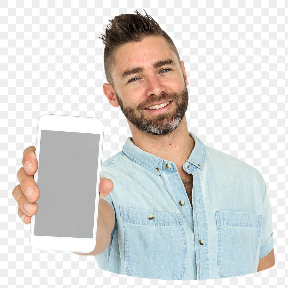 Man holding phone png element, transparent background
