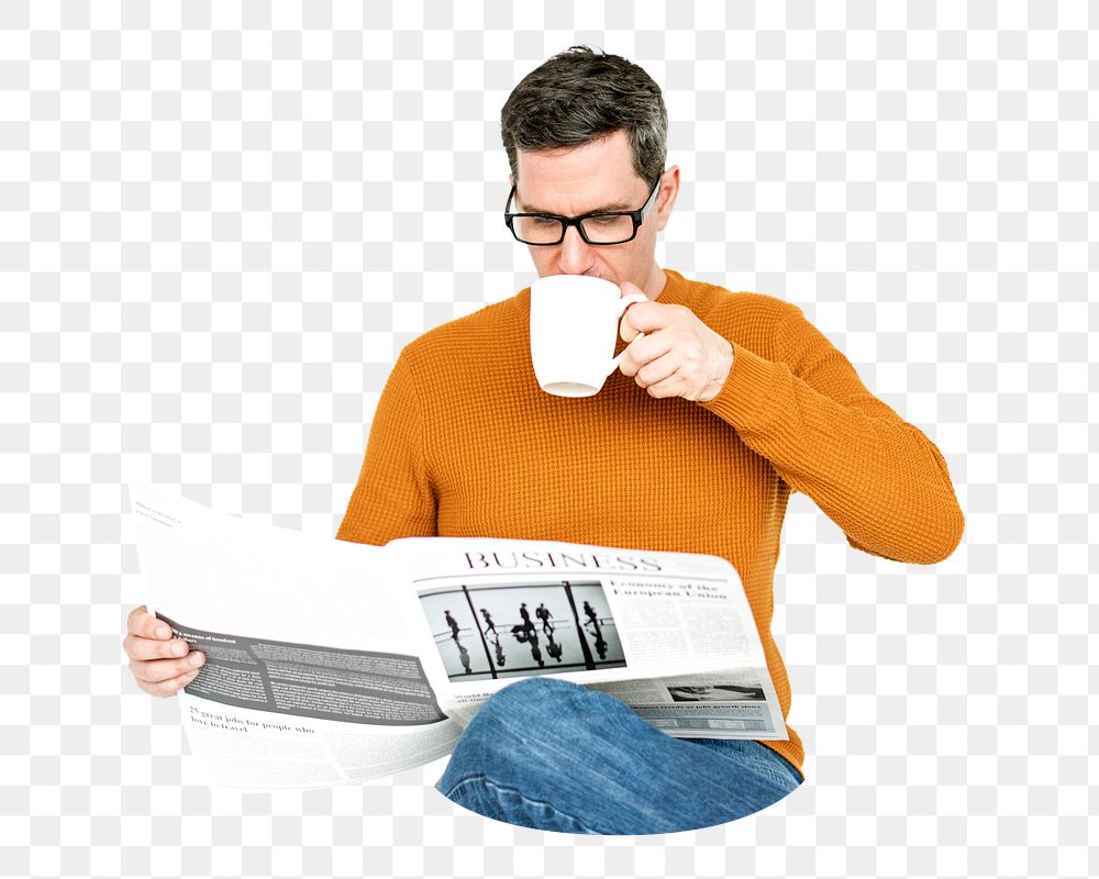 PNG man drinking coffee, collage element, transparent background