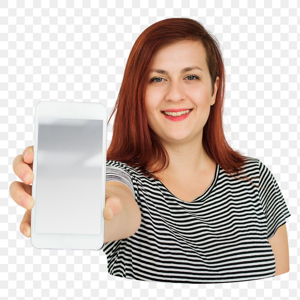Woman holding phone png element, transparent background