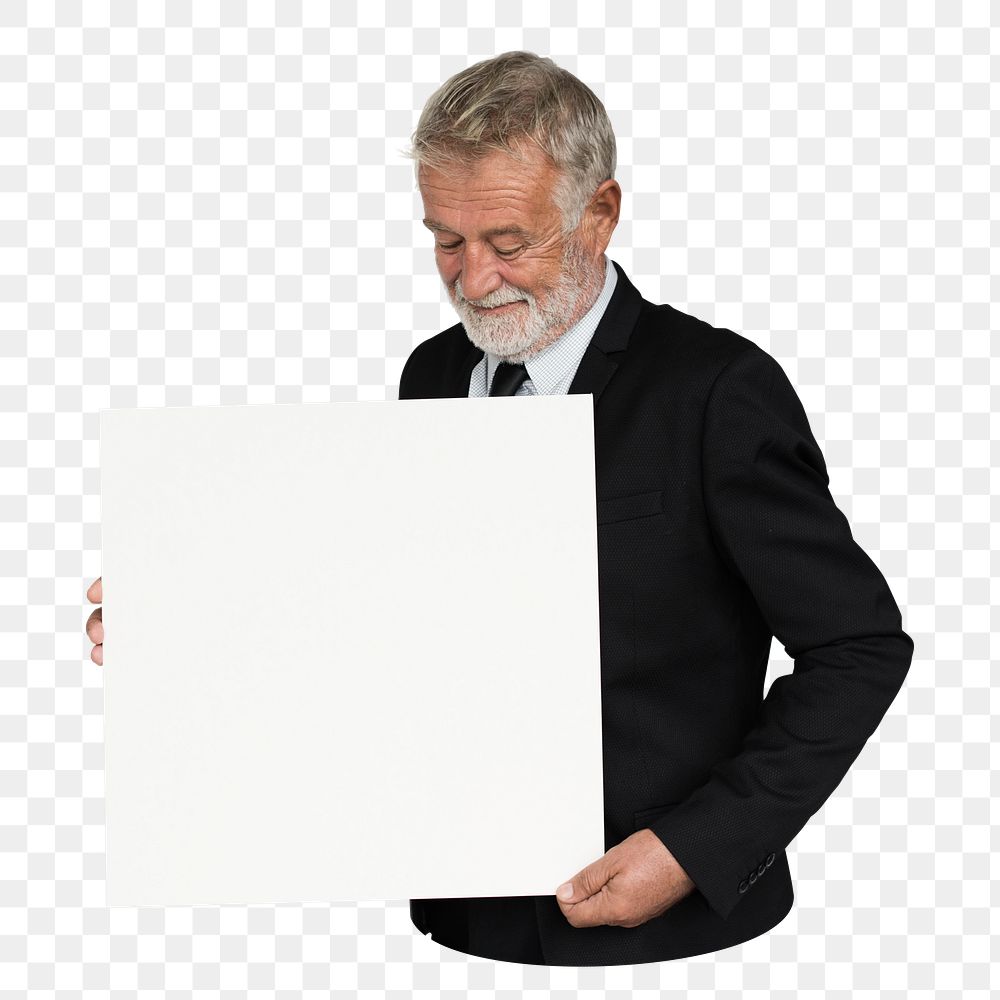 Businessman holding placard png element, transparent background