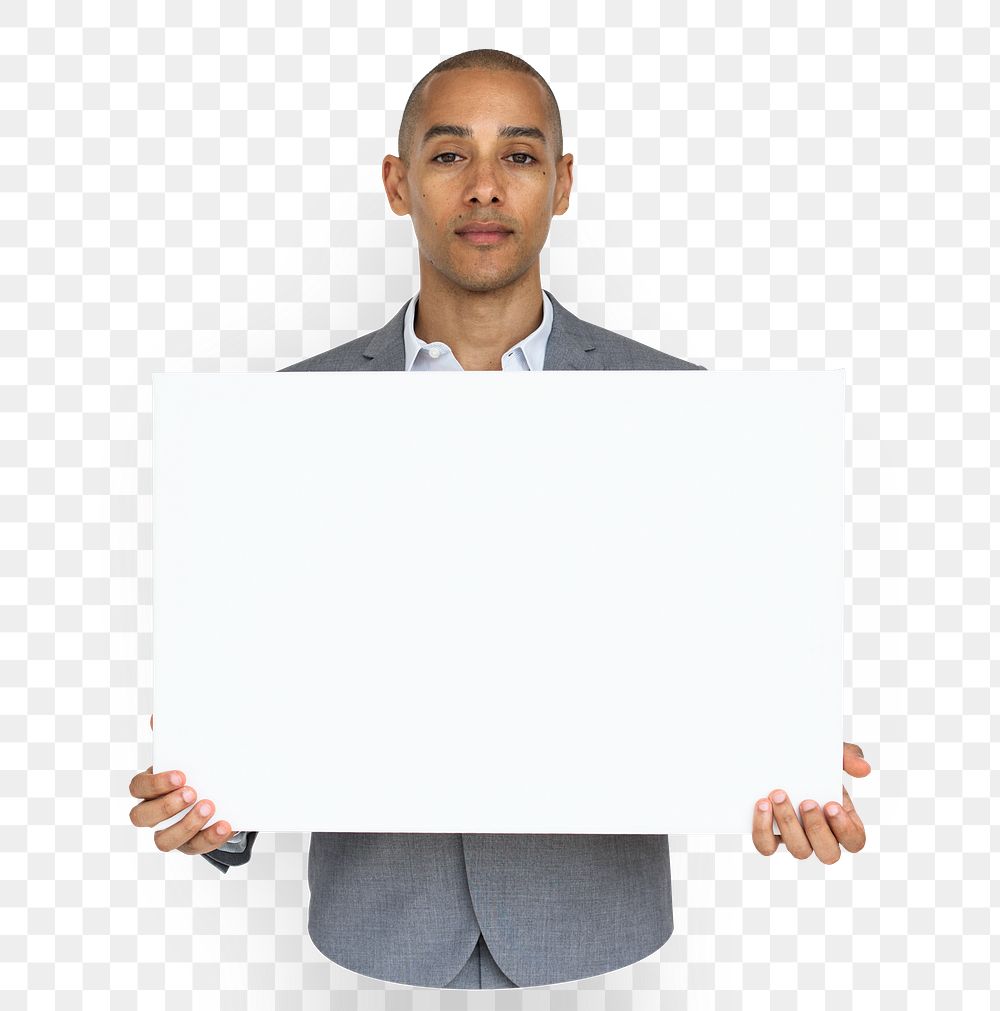 Businessman holding placard png element, transparent background
