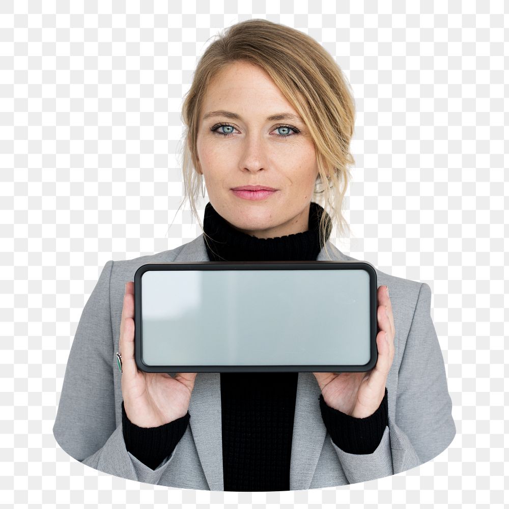 Businesswoman holding digital device png element, transparent background