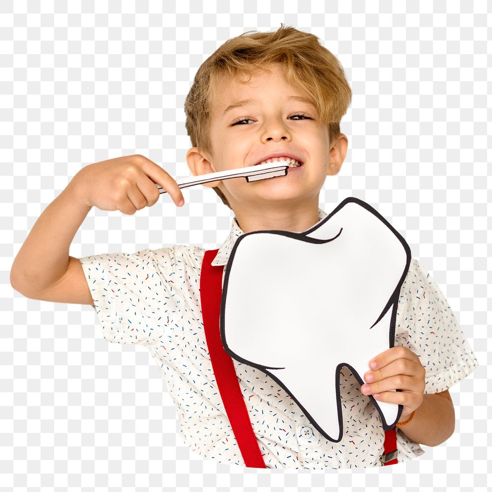 Png kid brushing teeth sticker, transparent background