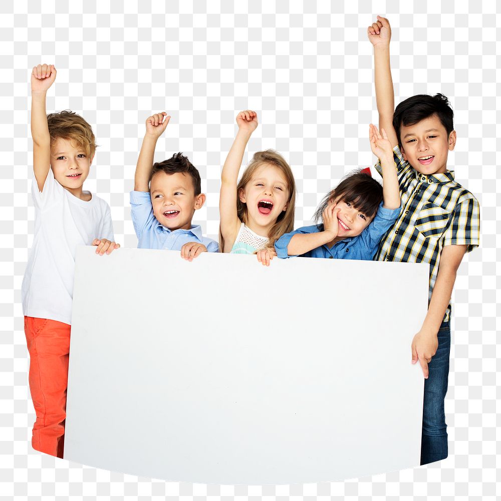 Kids holding blank sign png element, transparent background