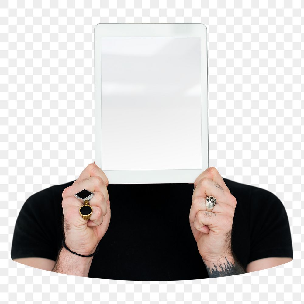 Man holding tablet png element, transparent background