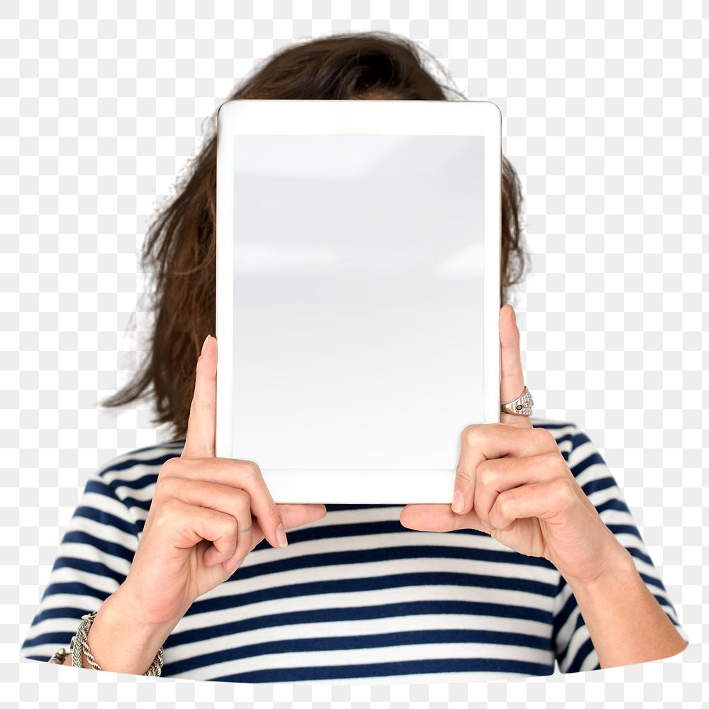 Woman holding tablet png element, transparent background
