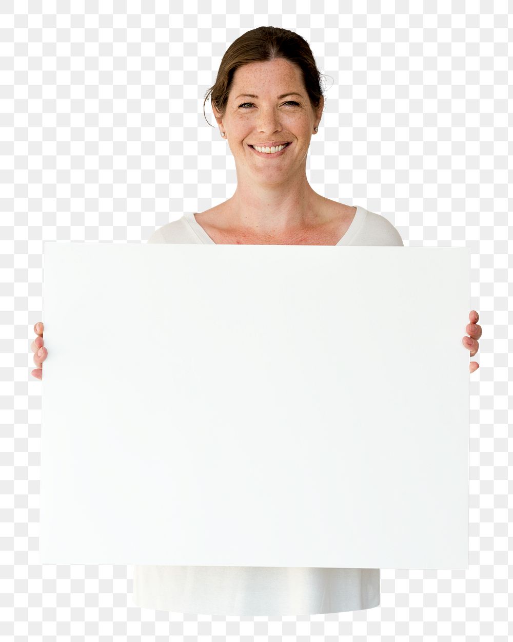 Woman holding placard png element, transparent background