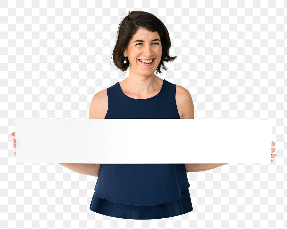 Woman holding banner png element, transparent background