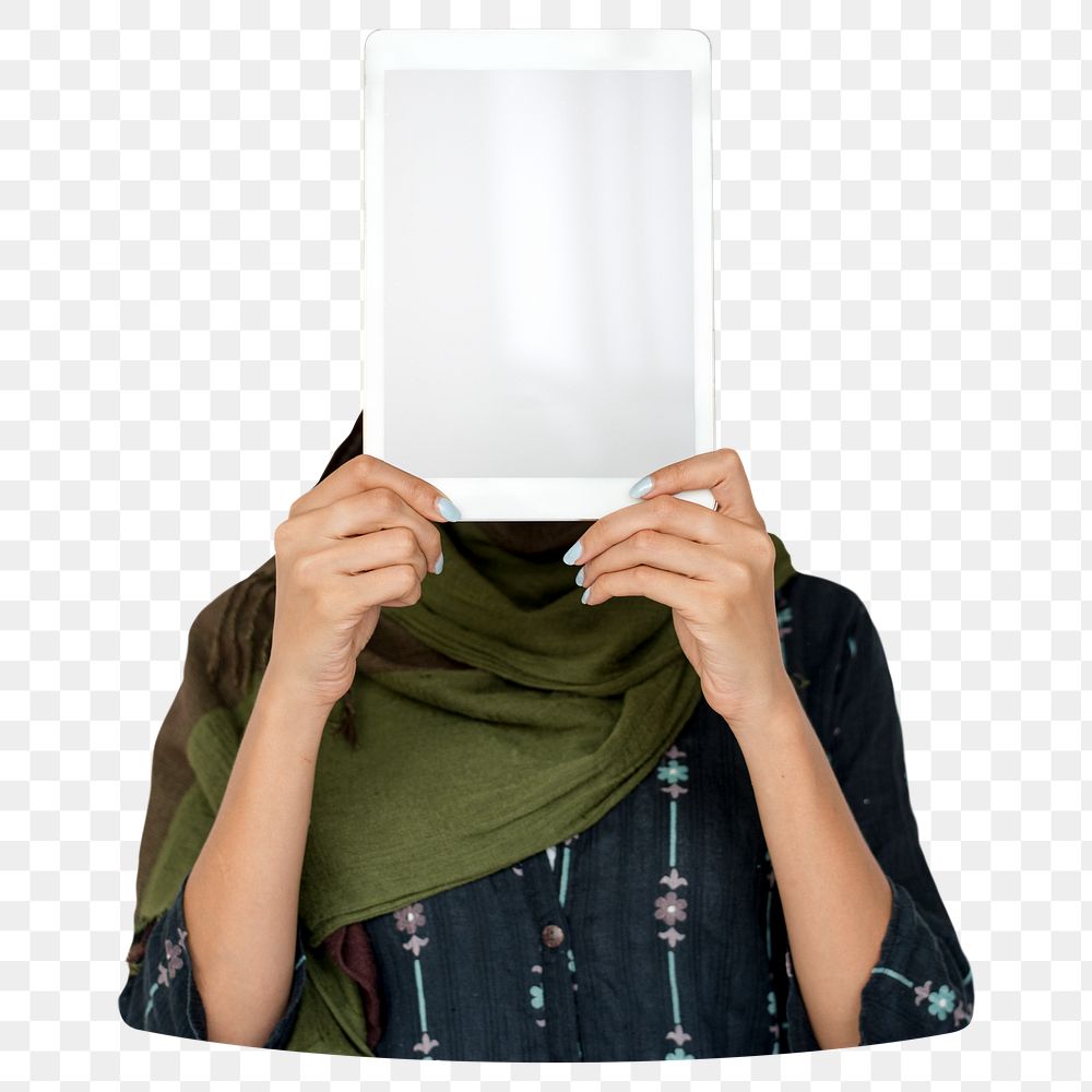 Woman holding tablet png element, transparent background