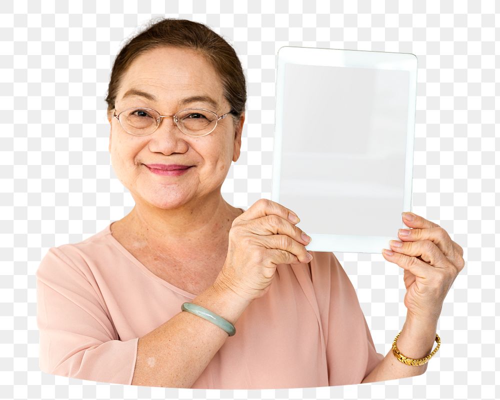 Woman holding tablet png element, transparent background