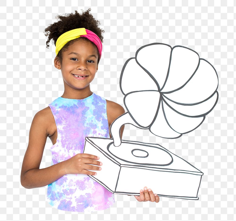 PNG Girl holding gramophone, collage element, transparent background