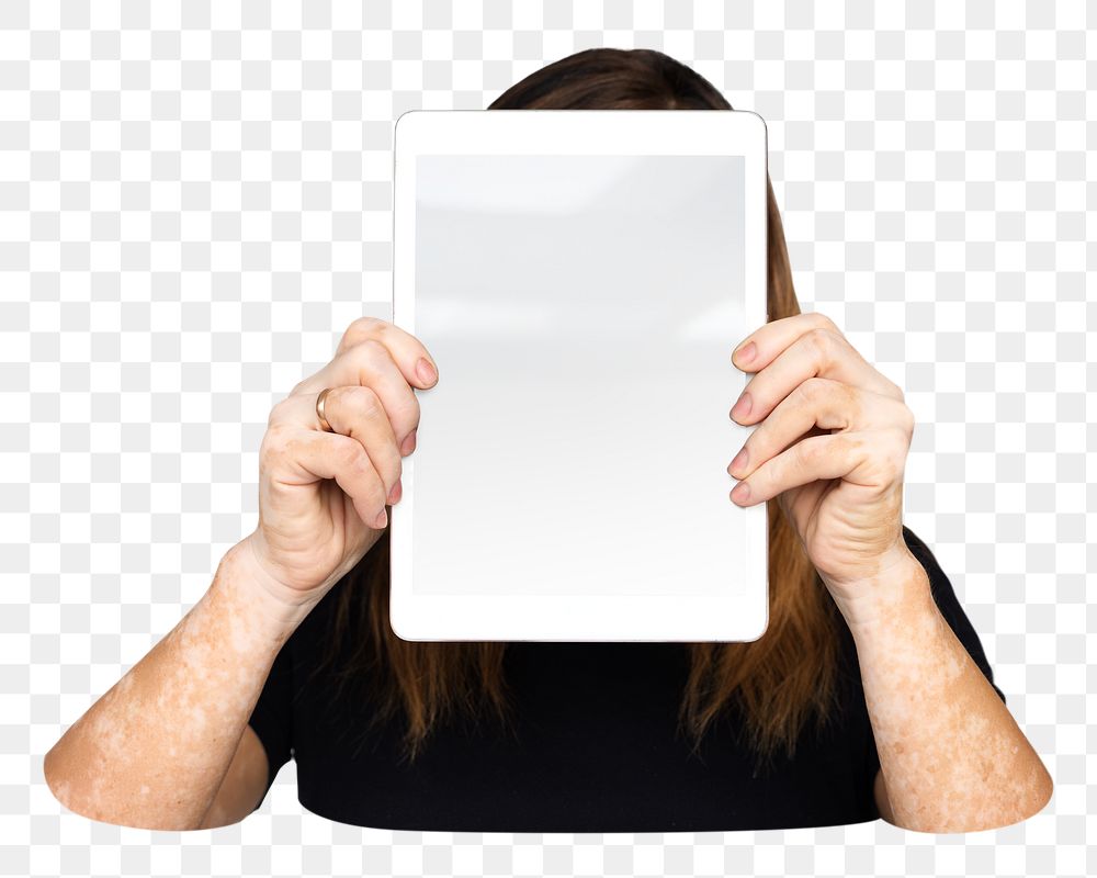 Woman holding tablet png element, transparent background