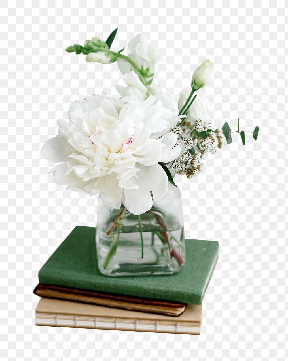 Books png white flower, transparent background
