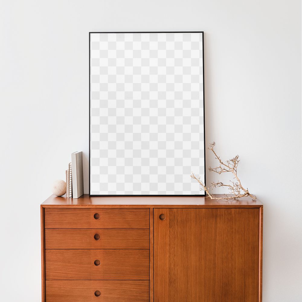Picture frame png mockup on wooden cabinet, transparent design