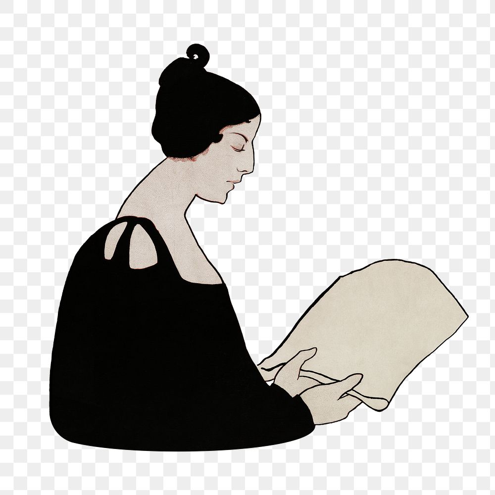 Woman reading a newspaper png, transparent background, remix from artworks by Ethel Reed, by rawpixel.