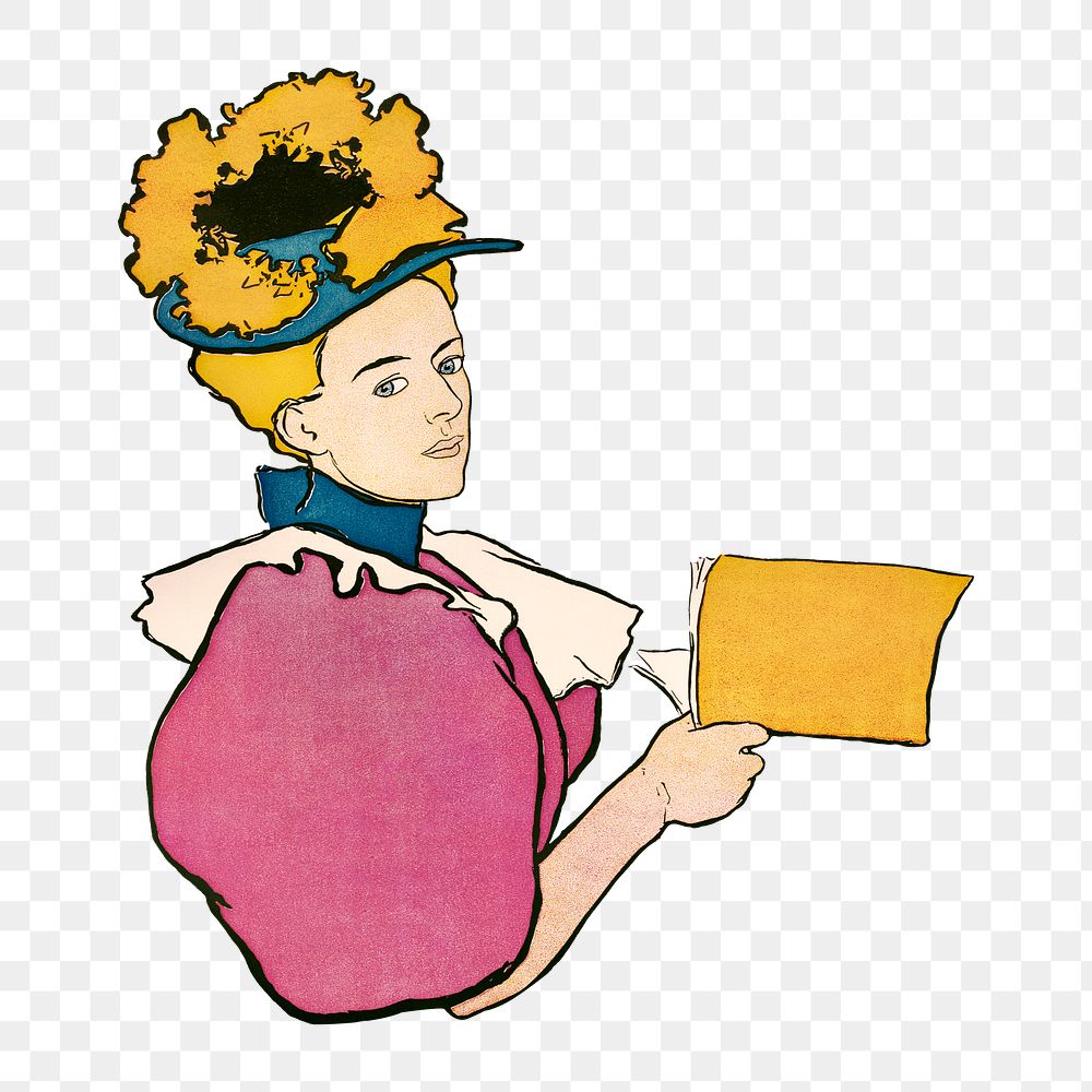 Edward Penfield's Woman holding book png, transparent background. Remixed by rawpixel.
